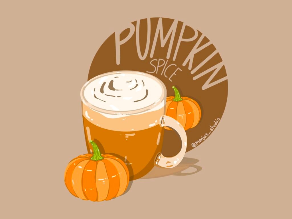 Pumpkin Spice latte in einem Glas mit 2 Kürbisen und einem Schriftzug auf dunkel braunem Hintergrund: PUMPKIN SPICE