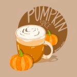 Pumpkin Spice latte in einem Glas mit 2 Kürbisen und einem Schriftzug auf dunkel braunem Hintergrund: PUMPKIN SPICE